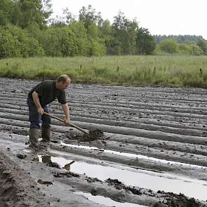 Meeuwissen graaft geulen om het water te laten weglopen.