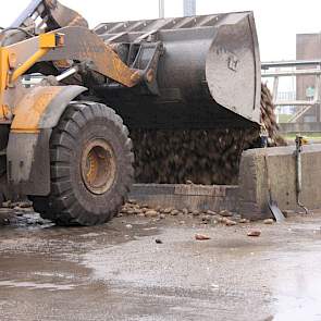 Een shovel verplaatst steeds de eerst aangekomen wortels naar de put.