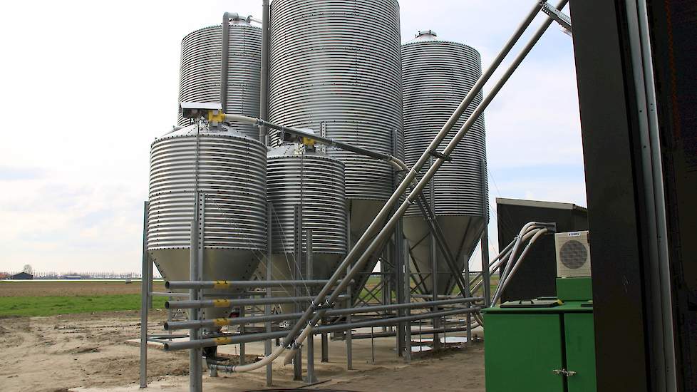 Naast de stal staan de silo’s. Bevelander heeft twee dagvoorraadsilo’s en vier grote silo’s waarvan één voor tarwe en één voor eindvoer. In het aparte voerhok wordt tarwe door het kernvoer gemengd.  Bevelander koos voor metalen silo’s omdat die er volgens