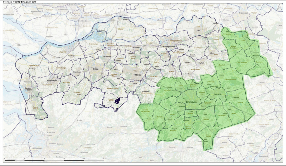 De 27 gemeenten die meedoen aan 'Bezem door de middelenkast Brabant' zijn groen gekleurd.