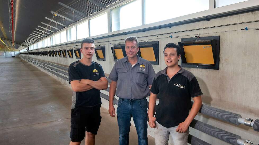 Martijn (22), zijn vader Erik (52) en broer Erwin (23) van Doorn in hun nieuwe vleeskuikenstal van 25 bij 100 meter (binnenwerk). In de stal houden ze 50.000 reguliere vleeskuikens volgens het Enrichment-concept. Erwin heeft zijn eigen elektrabedrijf Van