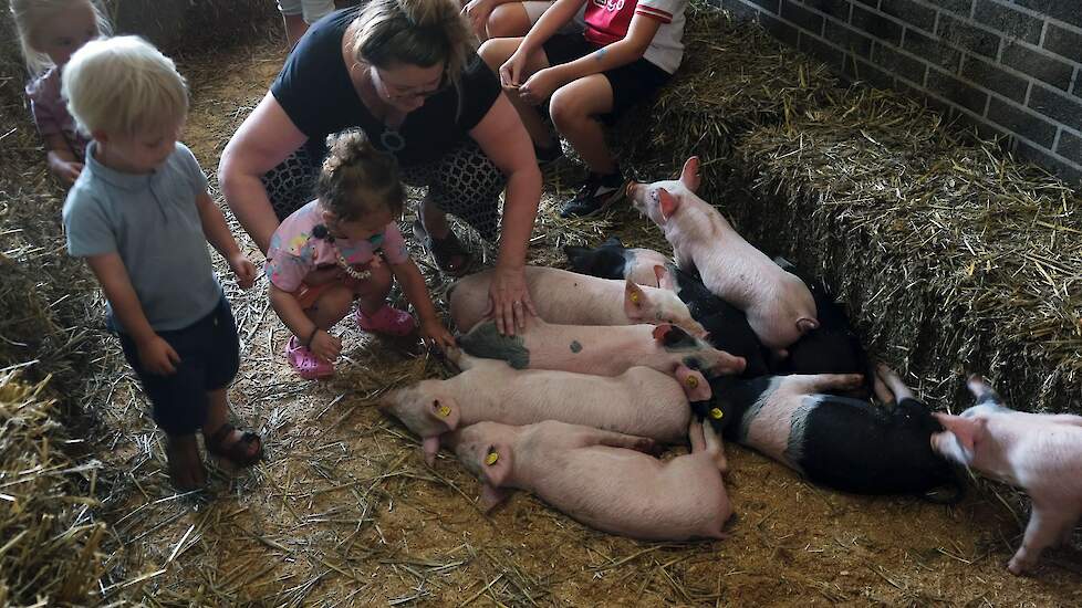 Aanraking, knuffelen. Sommige kinderen heldhaftig en weer anderen met de uiterste voorzichtigheid om vervolgens met meer lef een korte aai over de rug te geven.